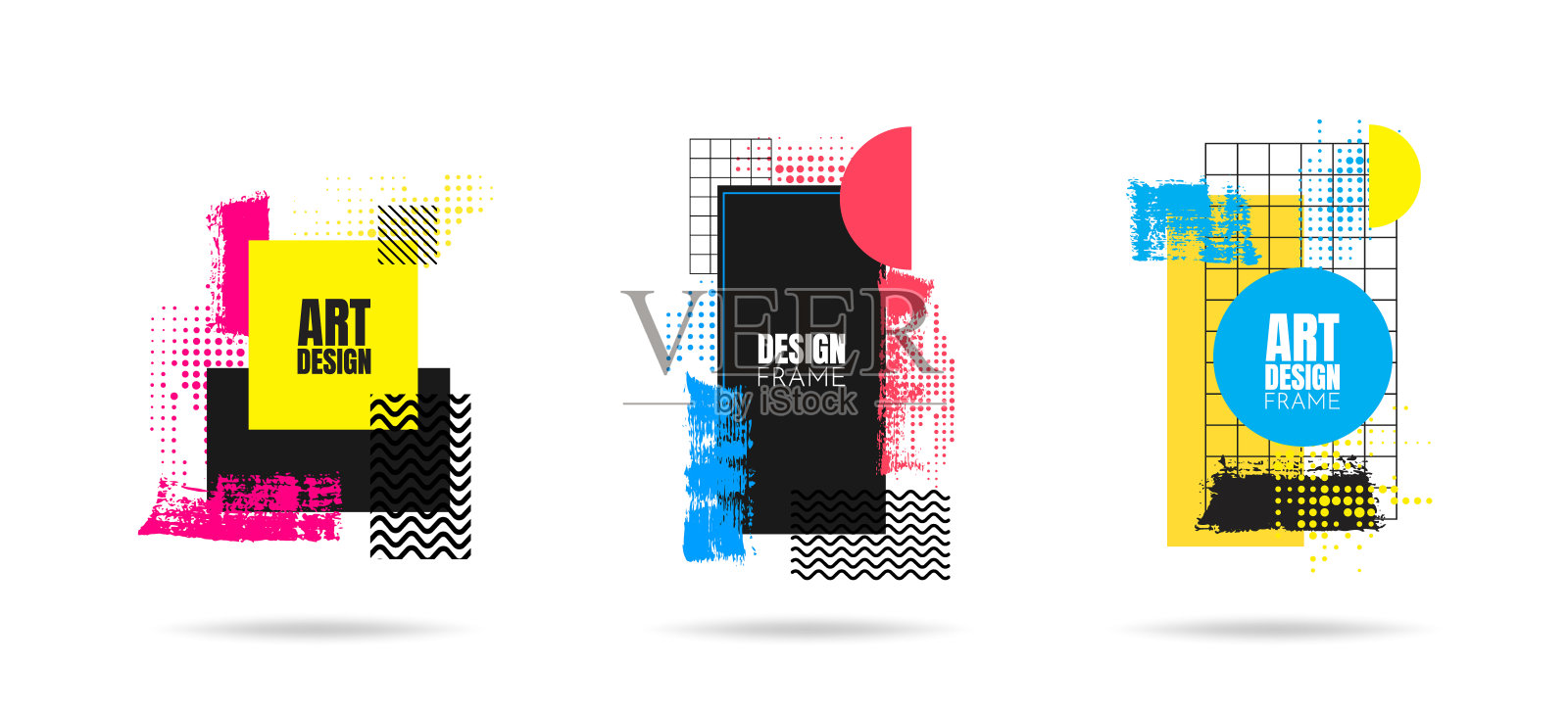 矢量插图。动感时尚的框架。线性图形元素设计邀请，礼品卡，传单，网页横幅，封面。孟斐斯图案，线性网格，笔触涂抹，半色调网点插画图片素材