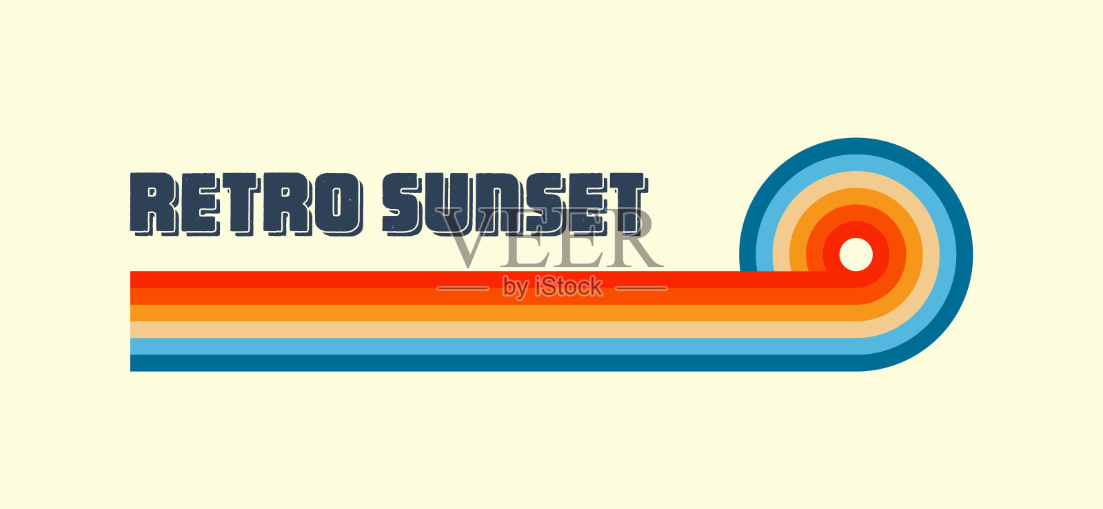 水平复古日落。各种八九十年代风格的彩色条纹日出徽章。阳光和海景，夏日氛围，冲浪。设计元素，印花，标志或t恤。矢量图插画图片素材