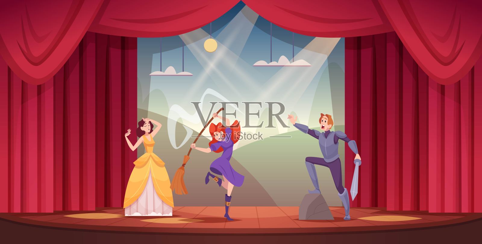 戏剧舞台。表演字符显示在舞台上确切的矢量模板插画图片素材