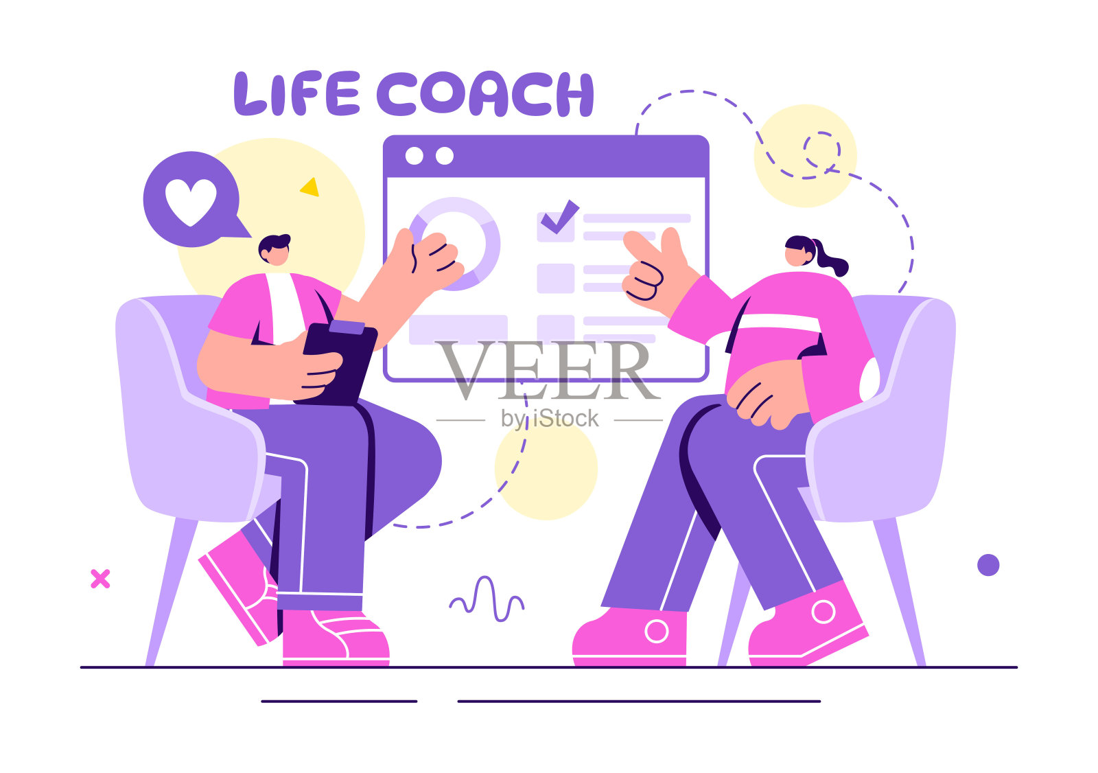 用于咨询、教育、激励、指导视角和商业自 coaching 的 Life Coach 矢量插图扁平卡通背景插画图片素材