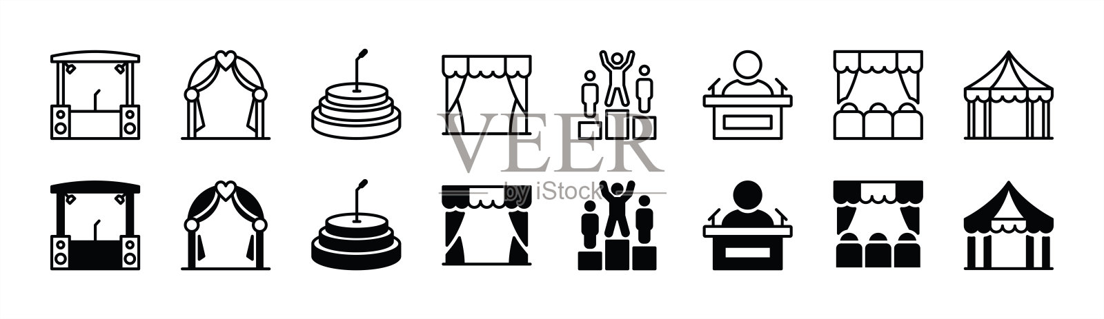 舞台细线图标集。包含活动，音乐会，娱乐，节日帐篷，剧院，电影院，冠军领奖台，会议，婚礼。矢量图插画图片素材