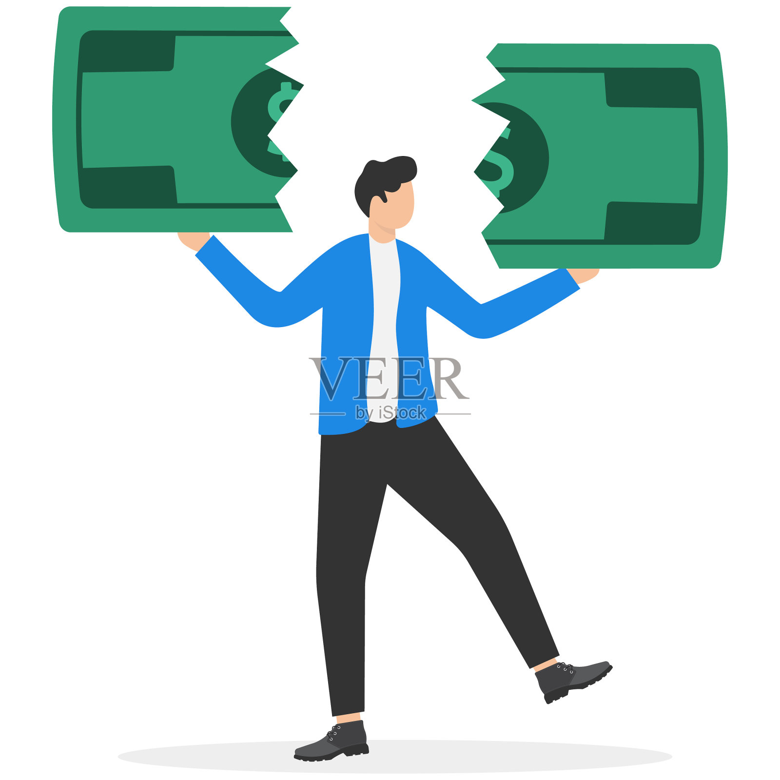 一个西装革履的人手里拿着半个硬币，插画图片素材