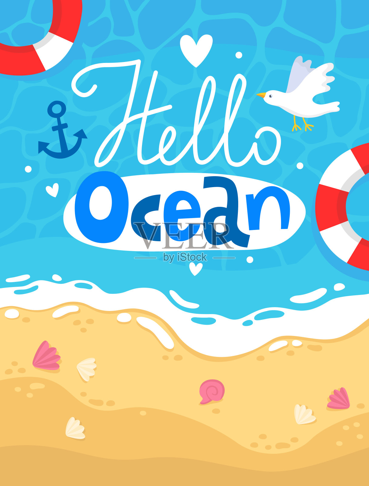 海洋你好。夏季海报、卡片。大海,沙滩。插画图片素材