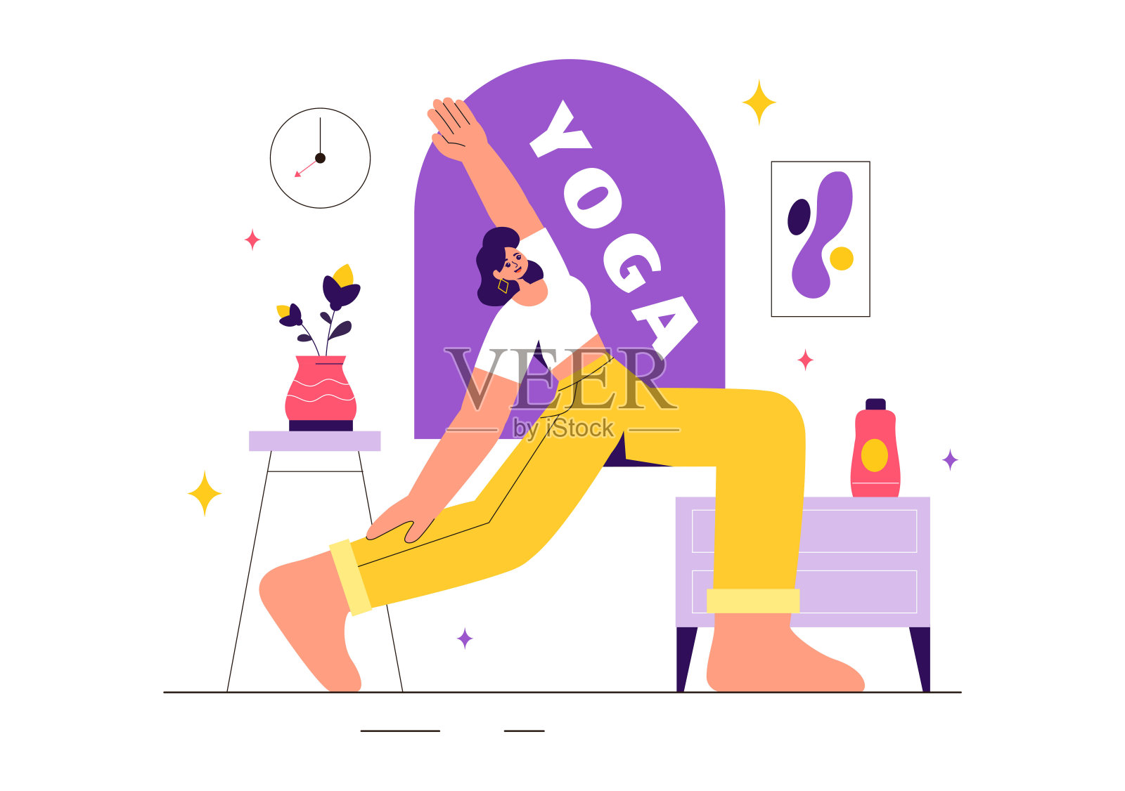 矢量说明瑜伽和冥想的做法，以一个女孩锻炼健康的好处在一个平面风格的卡通背景插画图片素材