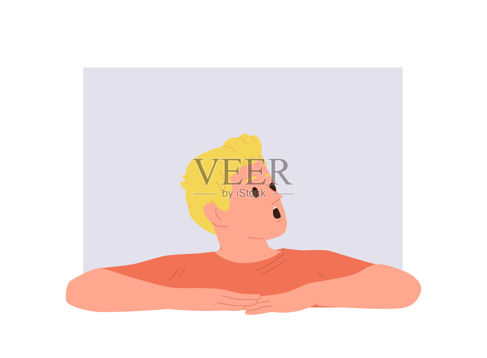 一个年轻的卡通人物，脸上带着震惊和惊讶的表情，从家里的窗户往外看插画图片素材