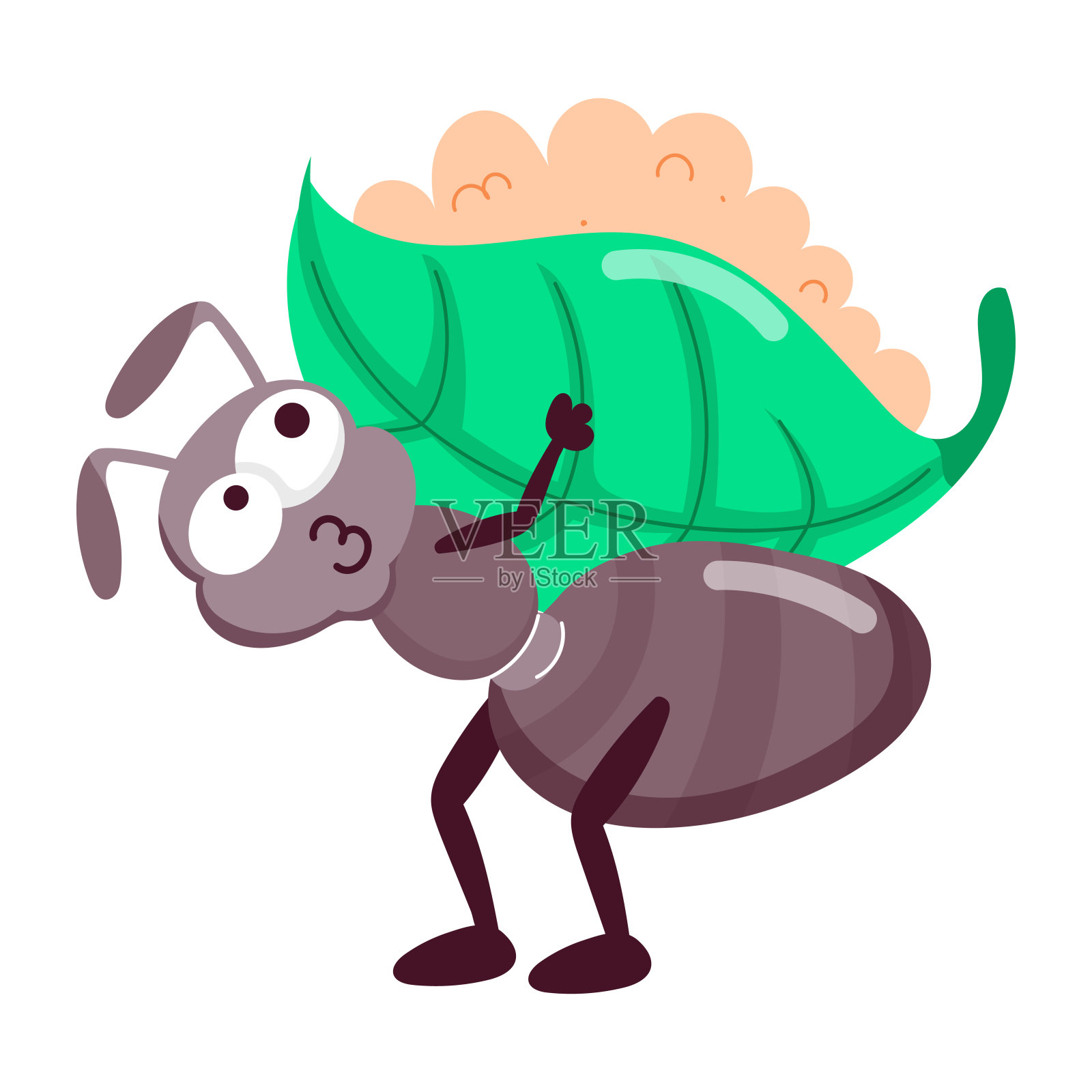 漫画风格的蚂蚁带着食物的叶子贴纸插画图片素材