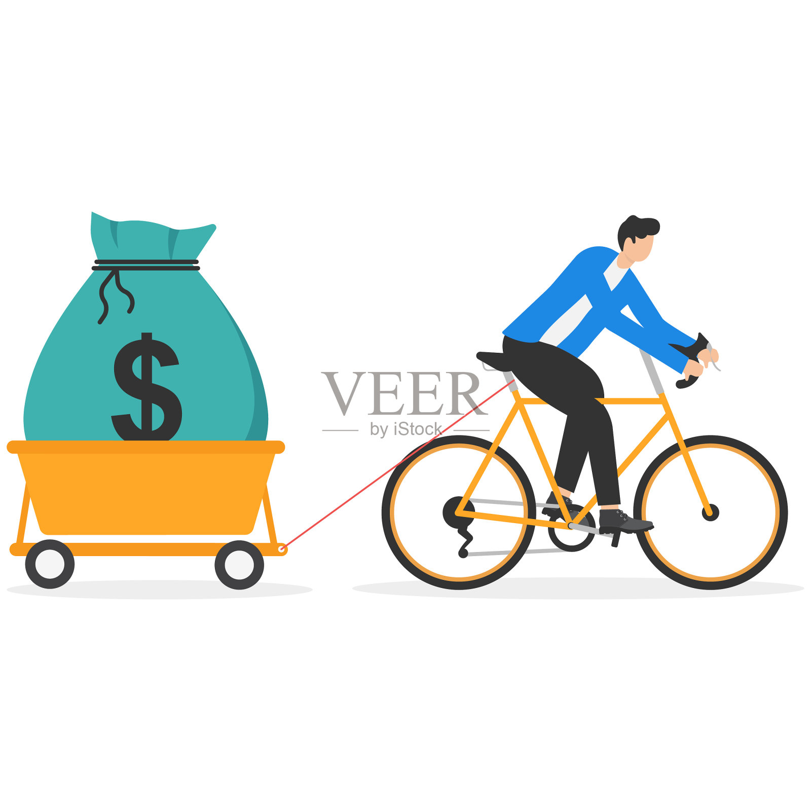 西装革履的男人们推着一辆手推车，里面装着一袋钱，插画图片素材