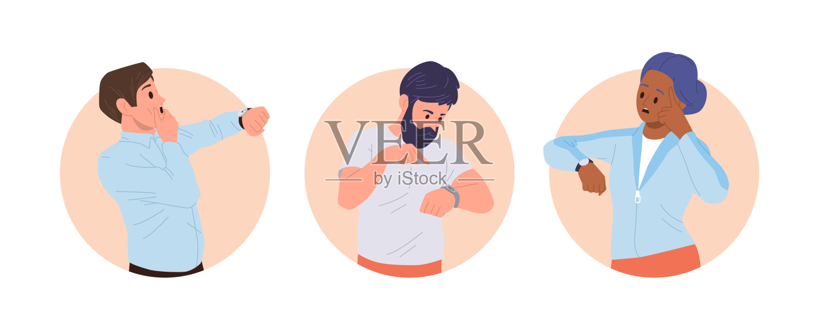 表情丰富的男女卡通人物看着手腕上的智能手表圆形构图集插画图片素材