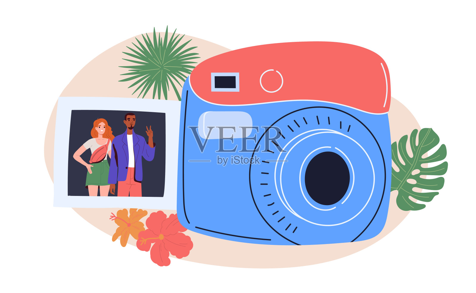 照相机前的照片。蓝色和红色的照相机拍照。与男人和女人相框。记忆和怀旧。摄影设备。平面矢量图插画图片素材