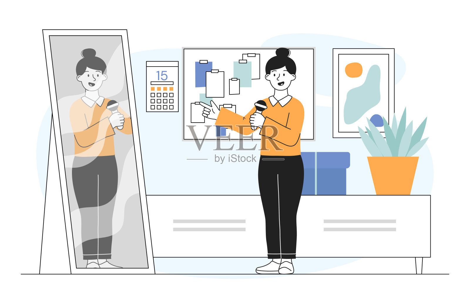 对着镜子排练。拿着麦克风的女人站在镜子旁边唱歌。女商人为会议或研讨会做准备。演说家和演说家。线性向量图解插画图片素材