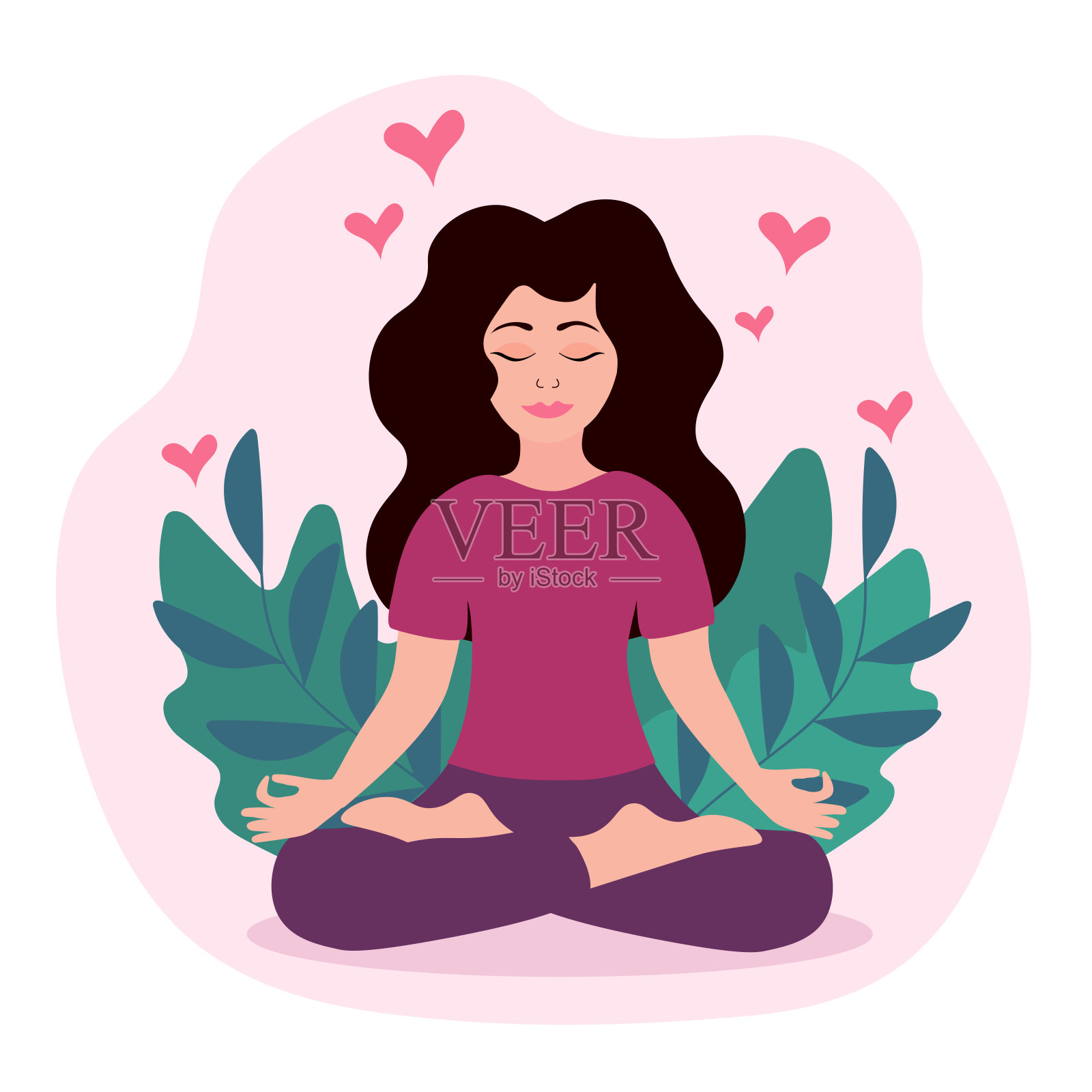 漂亮女孩用树叶和心做瑜伽。国际瑜伽日。矢量平面插图。插画图片素材