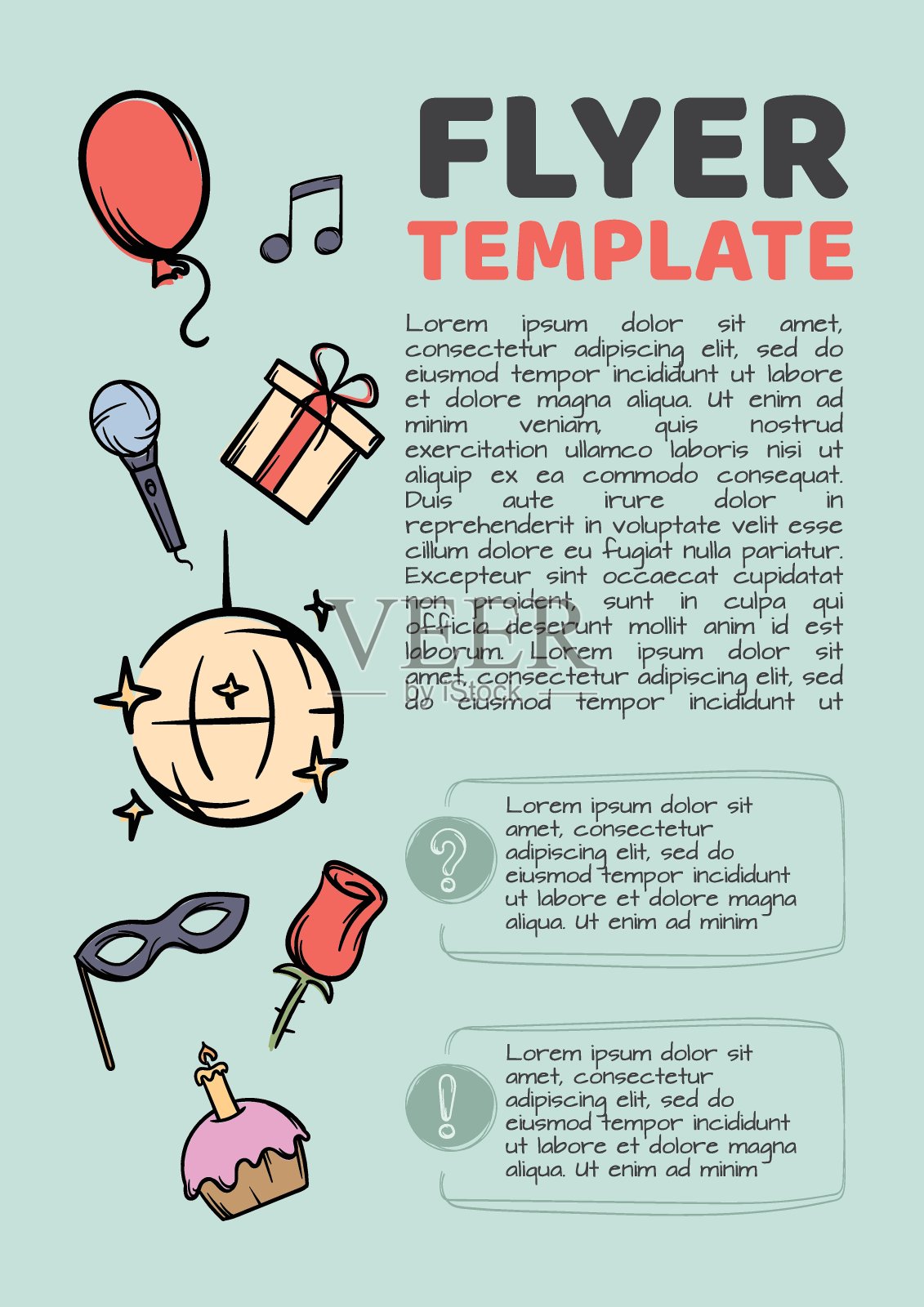 简单的矢量传单模板相关的生日，聚会，假期。娱乐场所和活动的广告。设计邀请传单，横幅，广告，讲义插画图片素材