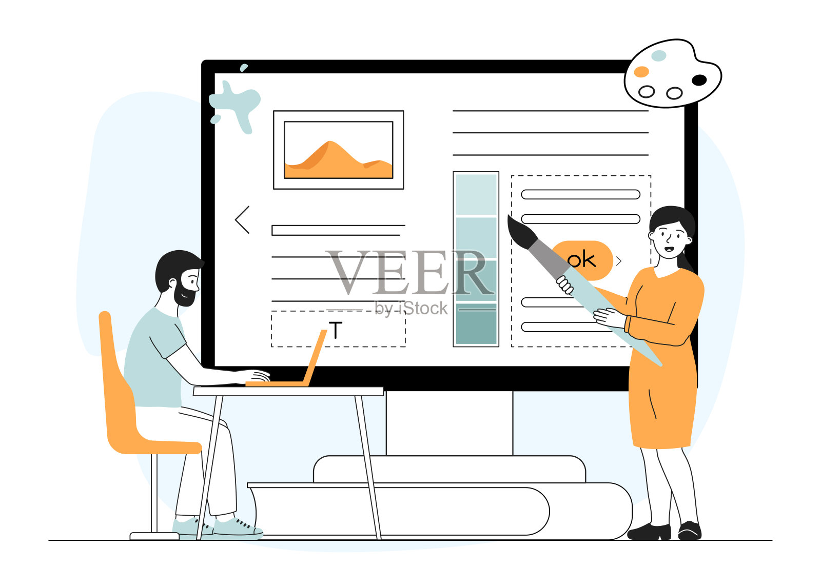 网页设计师团队。为网页，应用程序或程序开发设计的男女。自由职业者和同事在互联网上共同工作的项目。线性向量图解插画图片素材