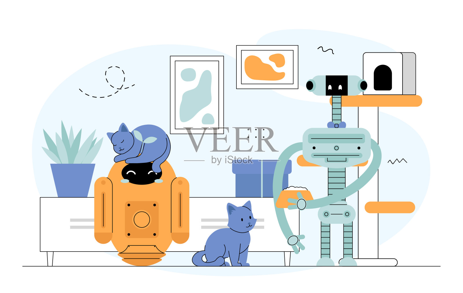 机器人照顾猫。公寓里有小猫的机器人。人工智能和机器学习，创新。家务琐事和日常事务。线性向量图解插画图片素材