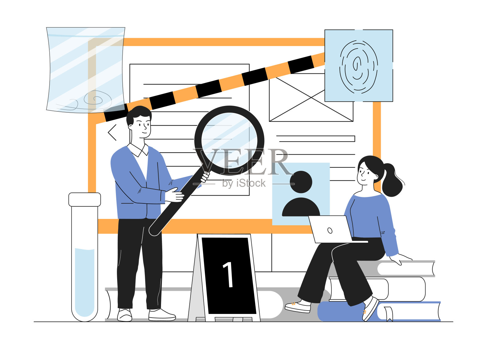 有证据的侦探。女人和男人拿着放大镜。警方正在调查犯罪现场。安全保障，正义。线性向量图解插画图片素材