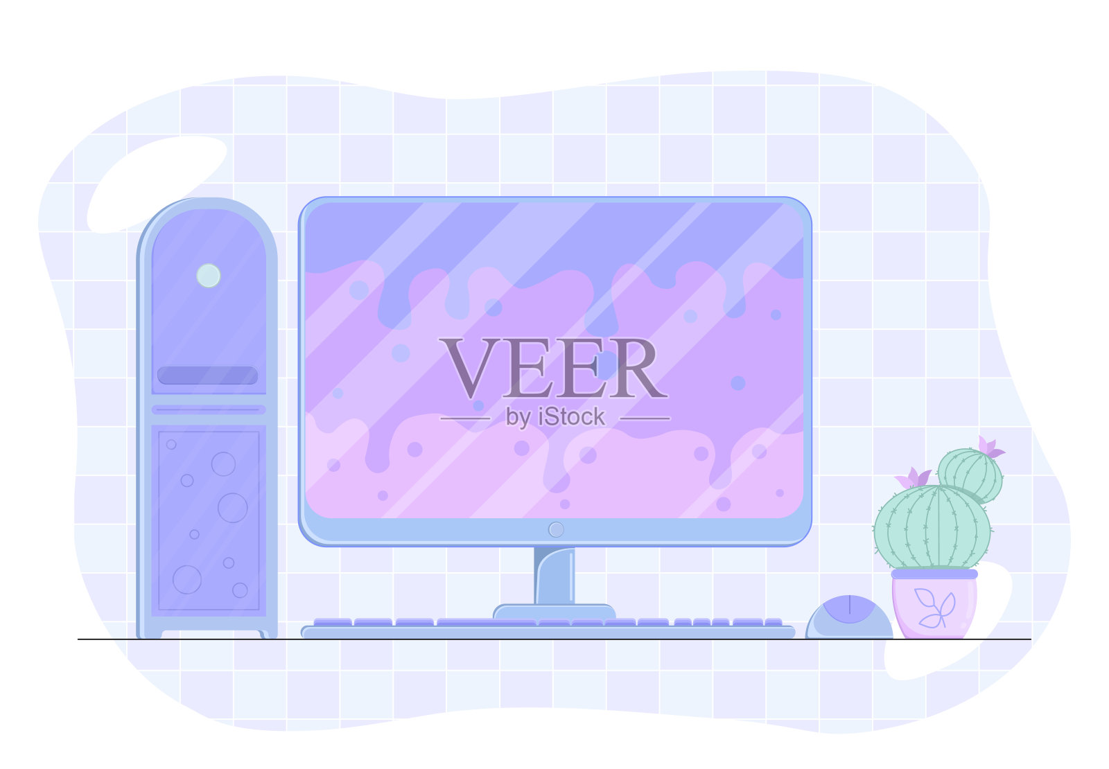 明亮的计算机概念。显示与蓝色和紫色抽象点在屏幕上。现代技术和创新。监控与广播。平面矢量图插画图片素材