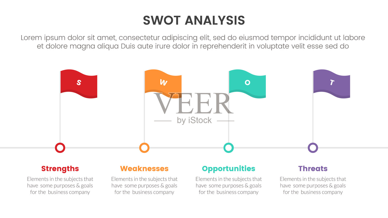 Swot分析概念信息图表模板横幅与时间轴风格与旗帜点4点列表信息插画图片素材