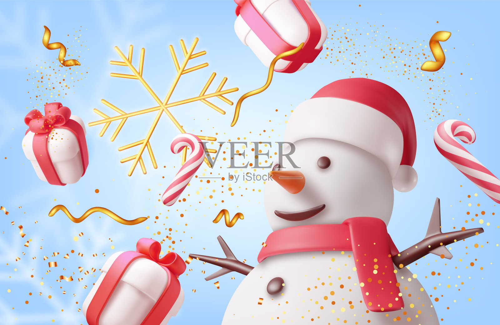 3D节日雪人和彩纸横幅。插画图片素材