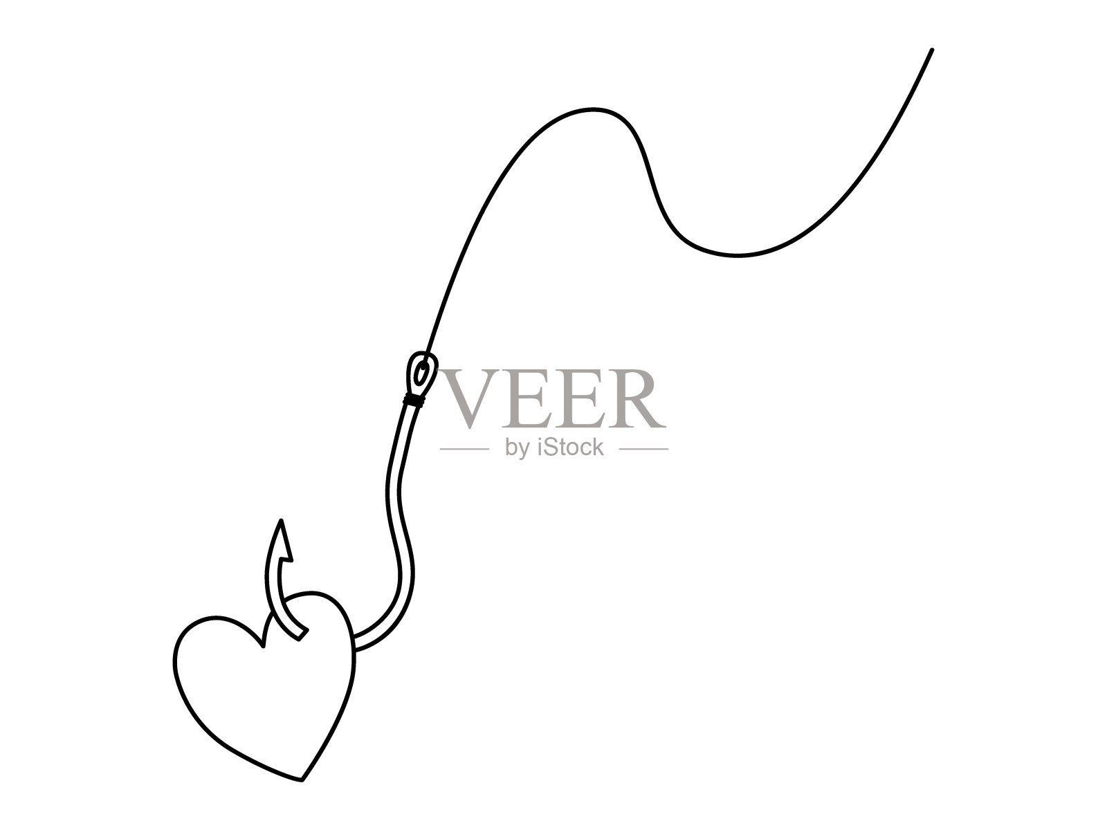 心脏上的鱼钩与鱼线轮廓插图插画图片素材