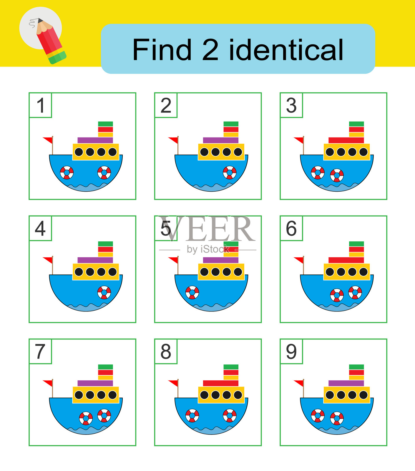 有趣的益智游戏。需要找到两艘相同的船。答案是(2,4)插画图片素材