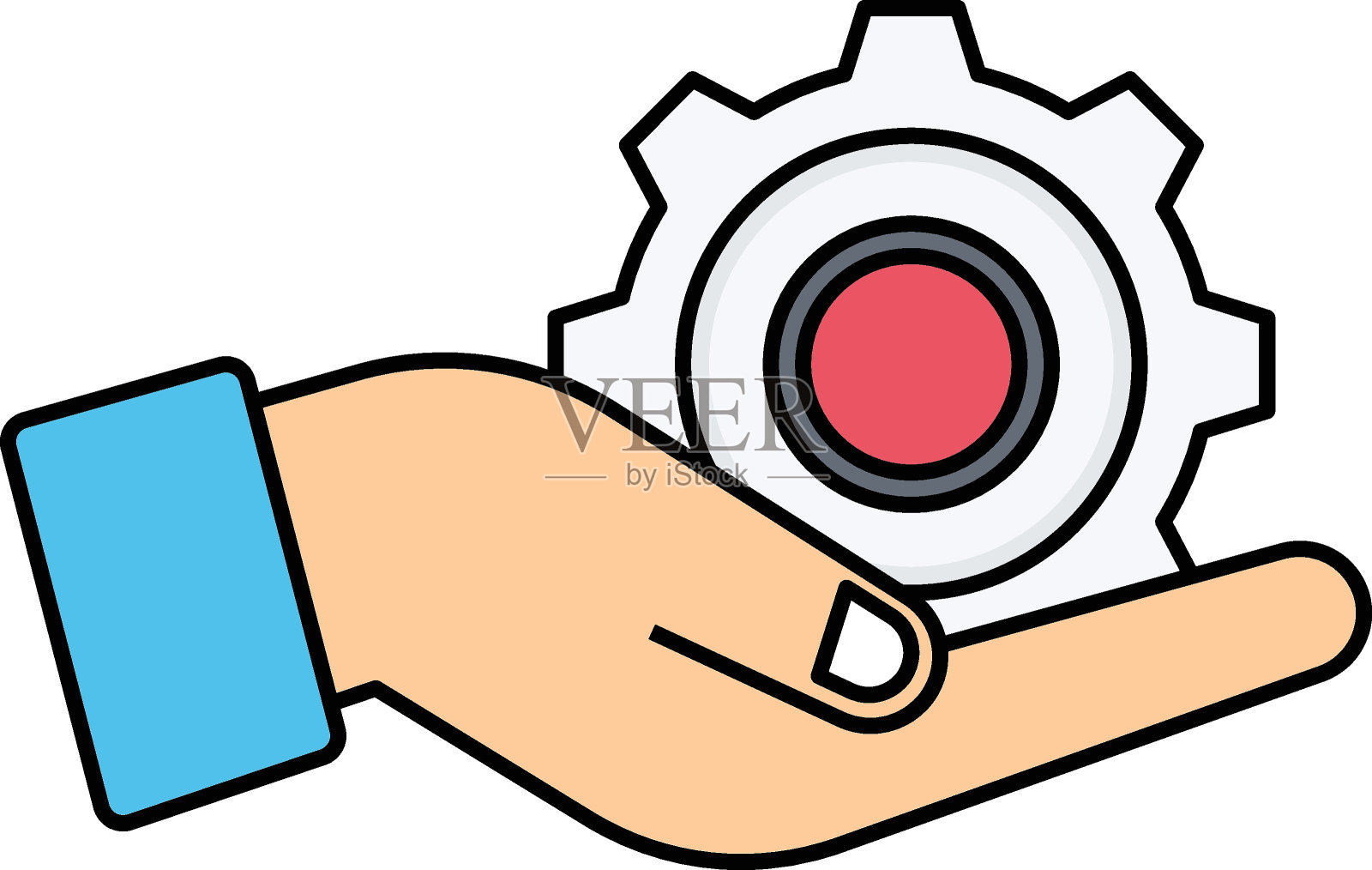 人持机械齿轮概念，机器维修矢量轮廓设计，工业设备符号，五一标志，国际劳动节库存插图插画图片素材