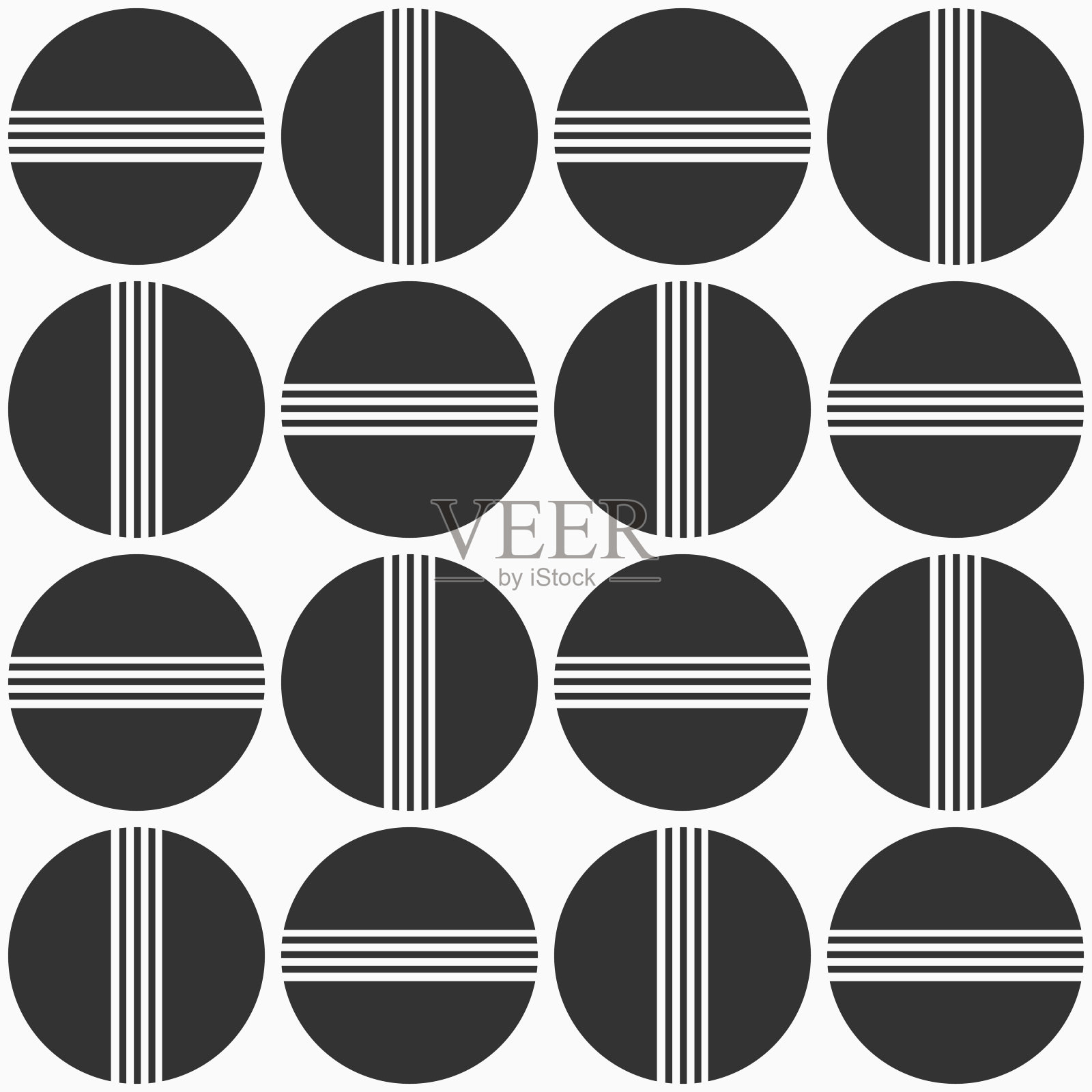 抽象几何黑色圆圈与白色条纹无缝矢量图案。矢量单色背景。插画图片素材