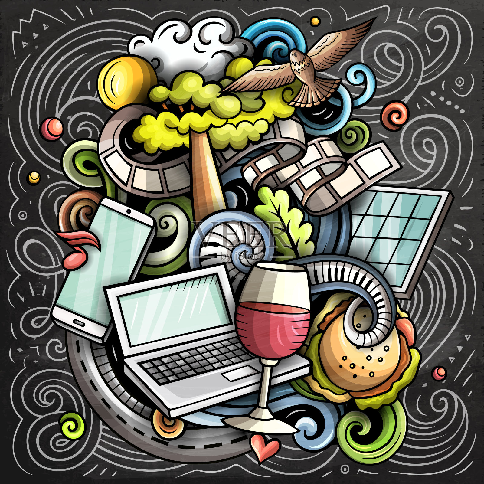 加州手绘卡通涂鸦插图。有趣的美国设计。插画图片素材