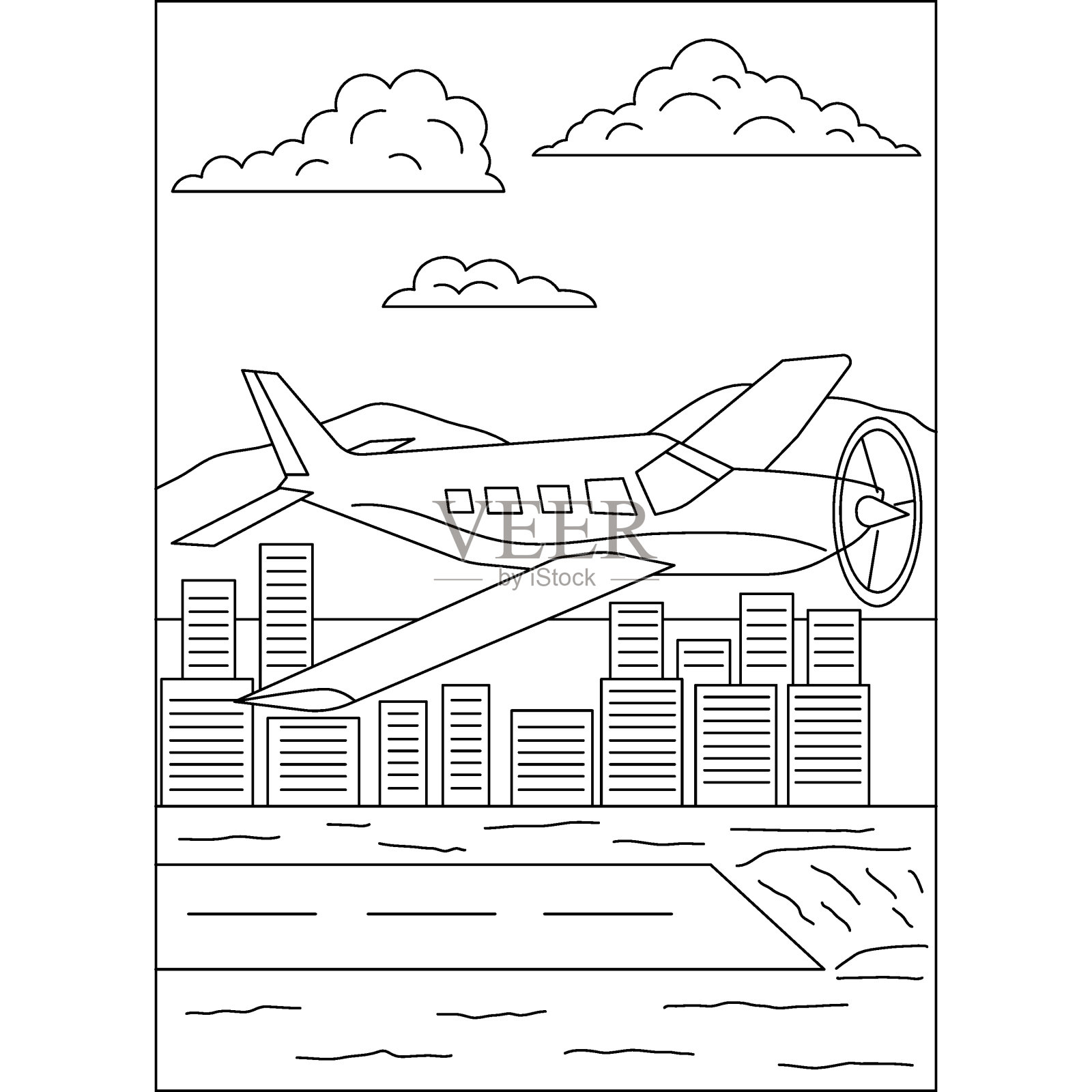 城市飞机涂色书页面插画图片素材
