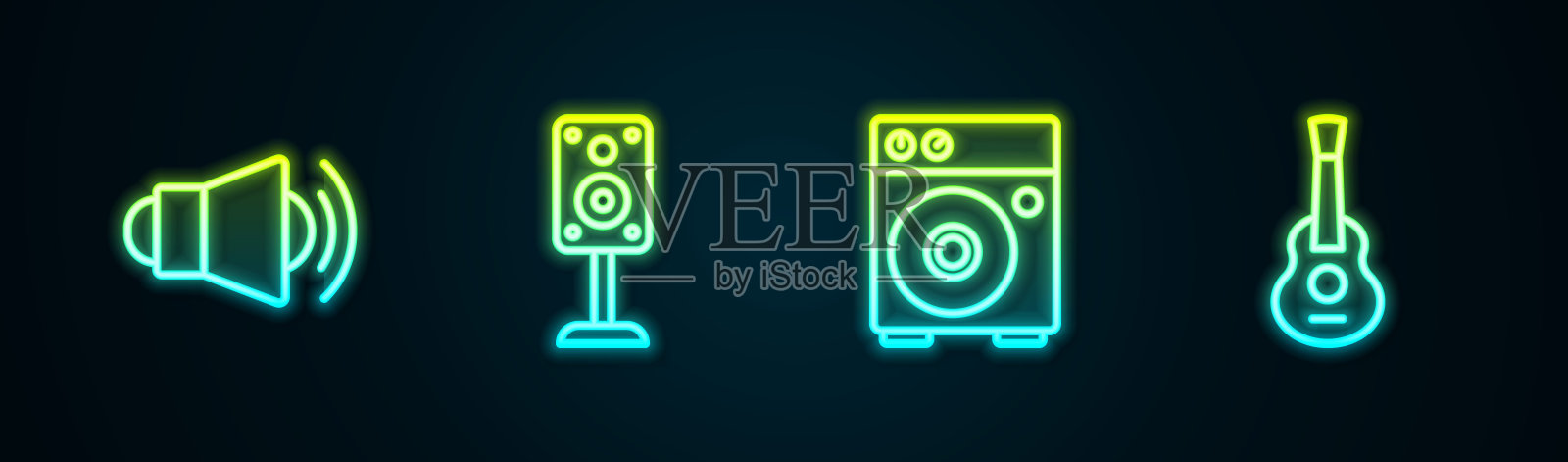 设置线扩音器，立体声扬声器，吉他放大器和。发光的霓虹灯图标。向量插画图片素材