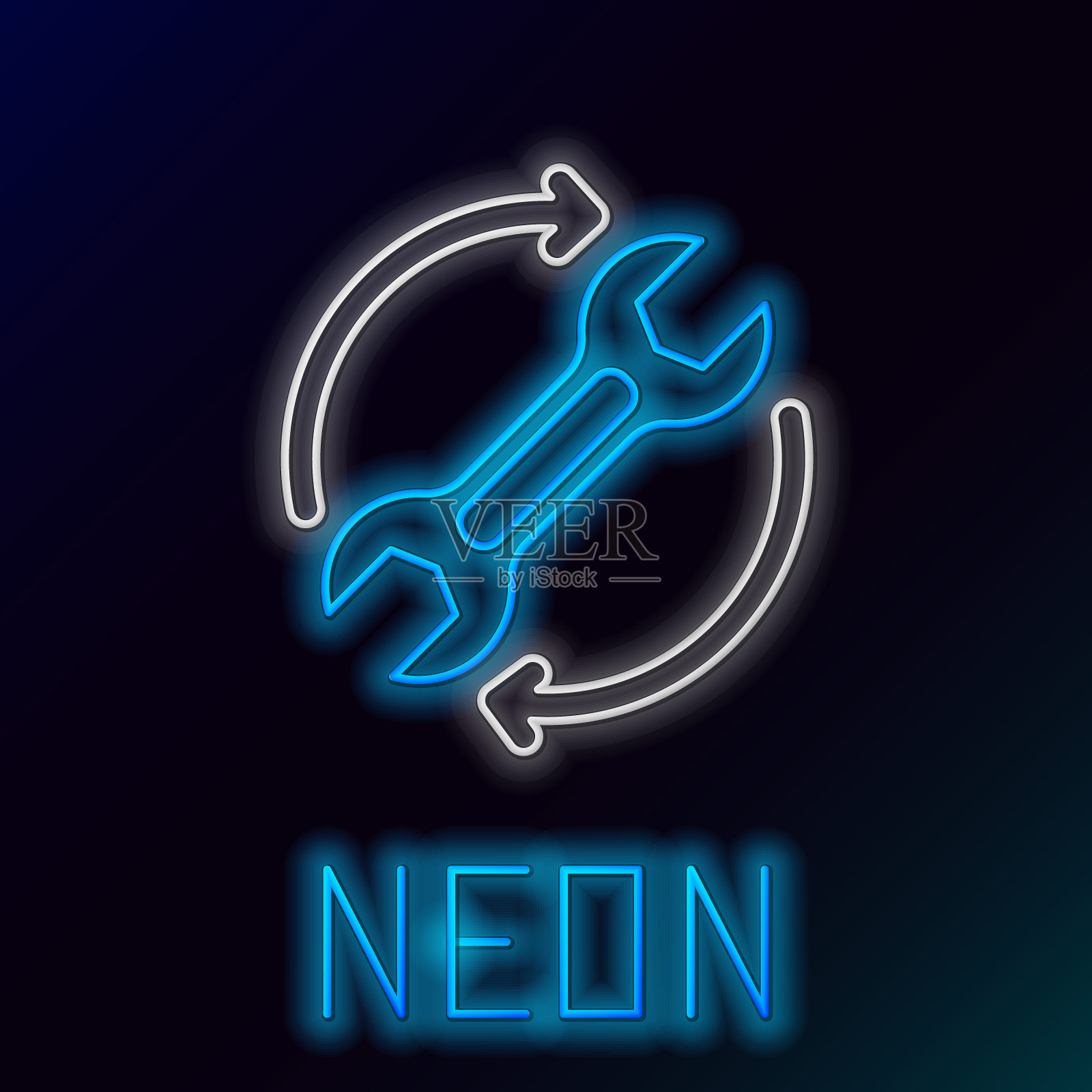 发光的霓虹线扳手扳手和箭头作为工作流程图标孤立的黑色背景。调整、服务、设置、维护、修理、固定。色彩缤纷的轮廓概念。向量插画图片素材