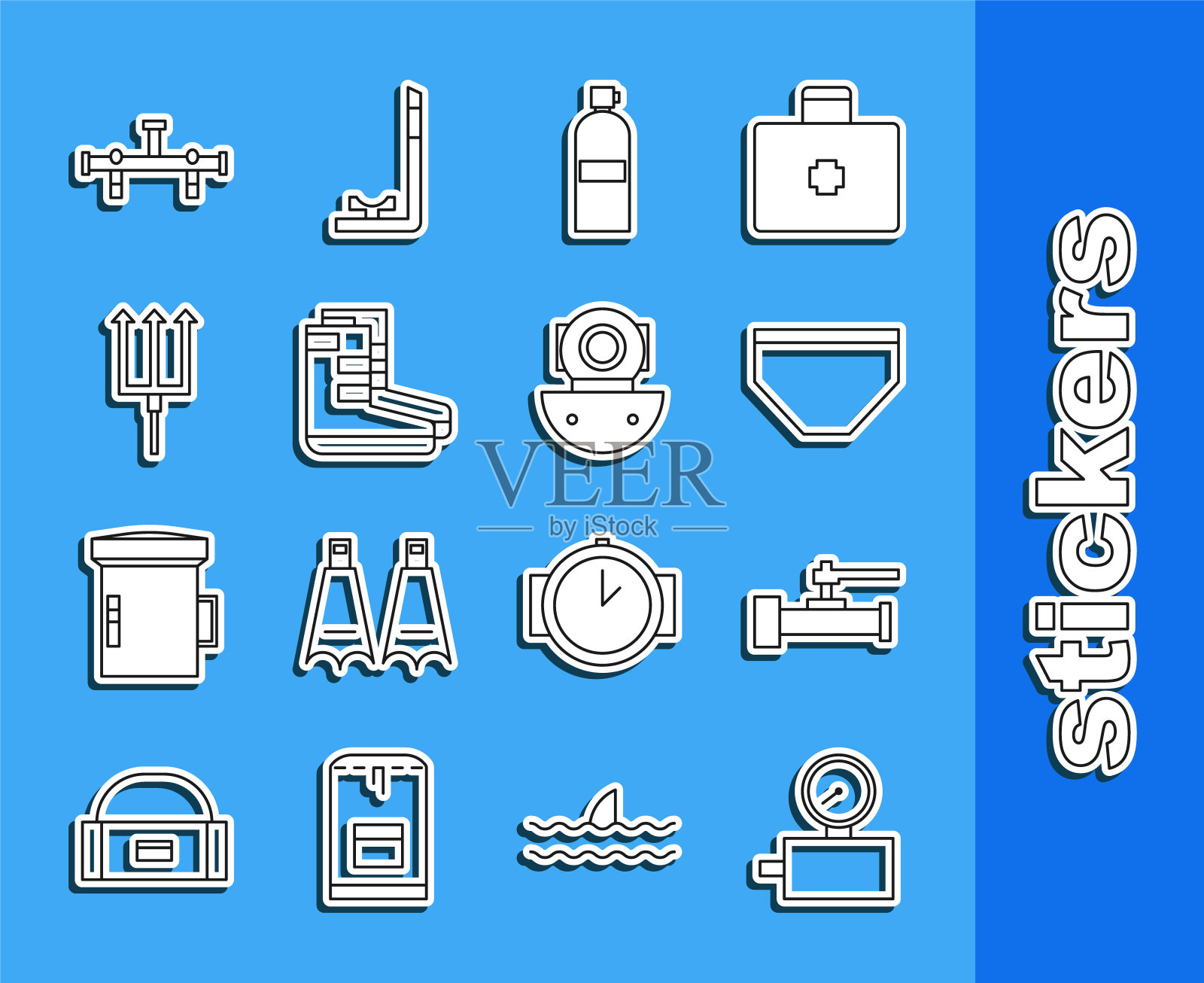 采购产品量规，工业金属管道和阀门，泳裤，潜水器，靴子，海王星三叉戟，歧管和图标。向量插画图片素材