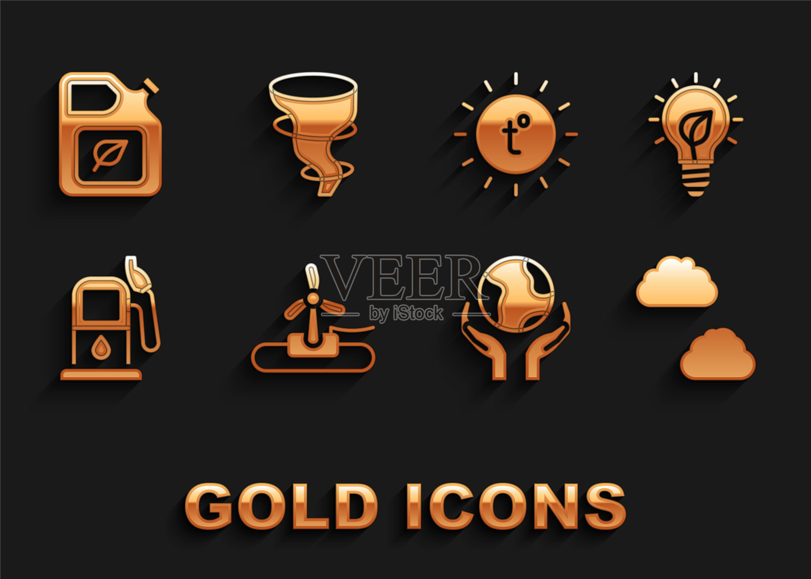 集风力涡轮机，灯泡与叶子，云，手握地球，汽油或加油站，太阳，生物燃料罐和龙卷风图标。向量插画图片素材