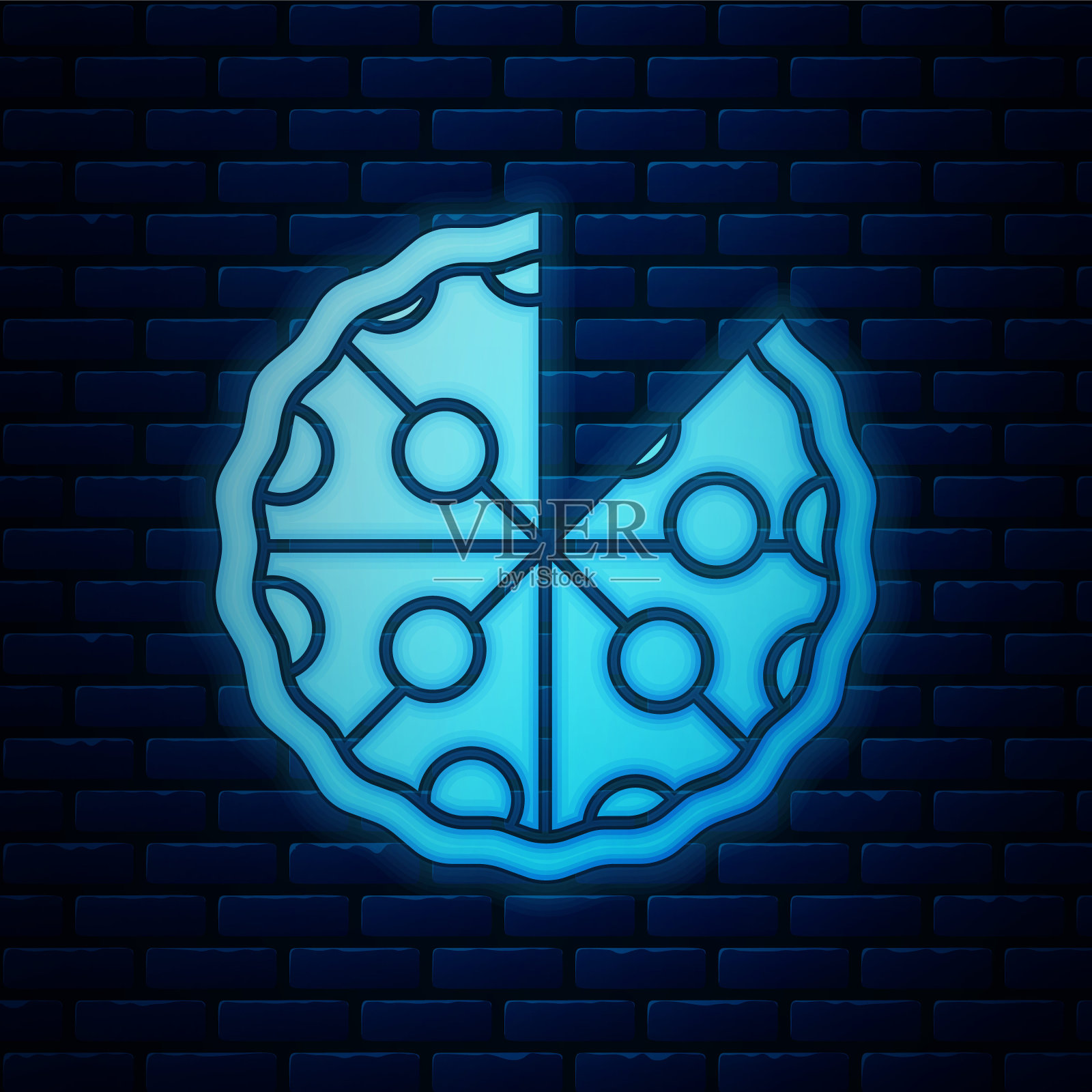 发光的霓虹披萨图标孤立的砖墙背景。快餐菜单。向量插画图片素材