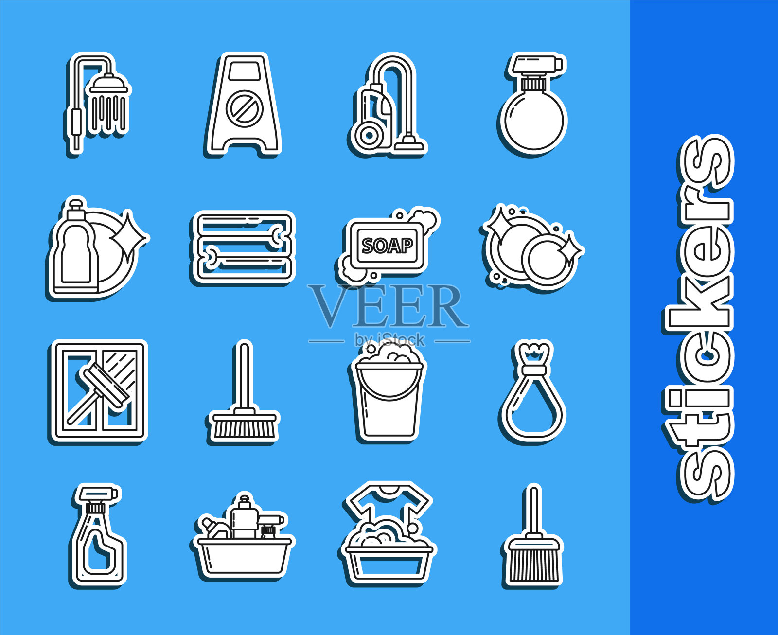 设置线处理扫帚，垃圾袋，洗碗机，吸尘器，毛巾堆，塑料瓶的液体洗洁精，淋浴头与水滴流动和肥皂泡沫图标条。向量插画图片素材