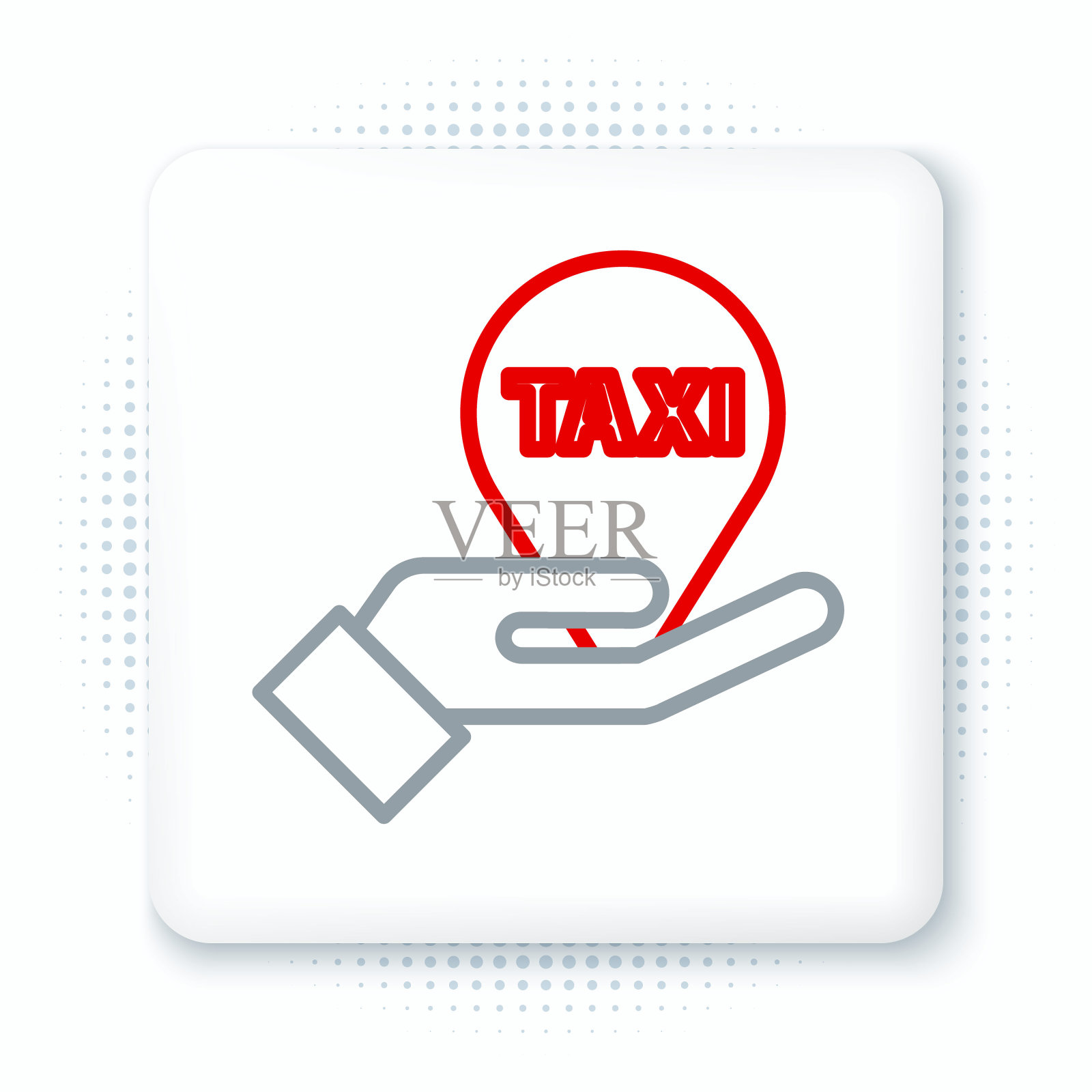 线手在地图上的指针与出租车图标隔离在白色背景。位置的象征。色彩缤纷的轮廓概念。向量插画图片素材