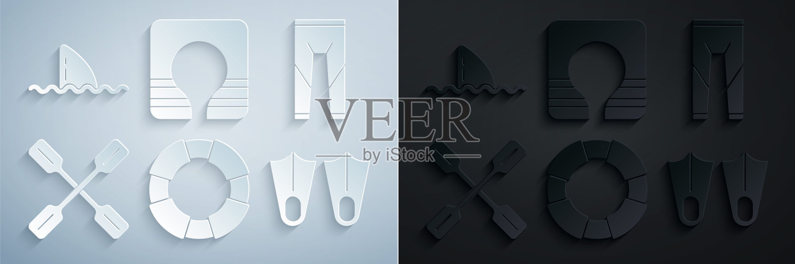 集救生圈，潜水服，桨，橡胶鳍，夹克和鲨鱼鳍在海浪图标。向量插画图片素材