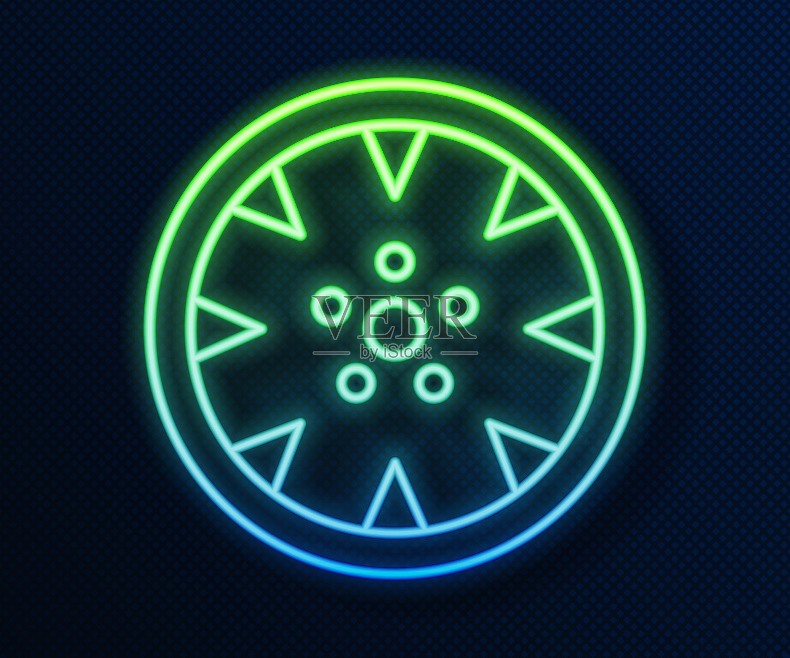 发光的霓虹灯线合金车轮为汽车图标孤立的蓝色背景。向量插画图片素材