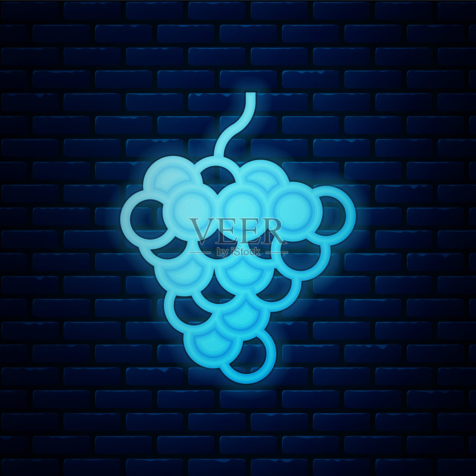 发光的霓虹葡萄水果图标孤立的砖墙背景。向量插画图片素材