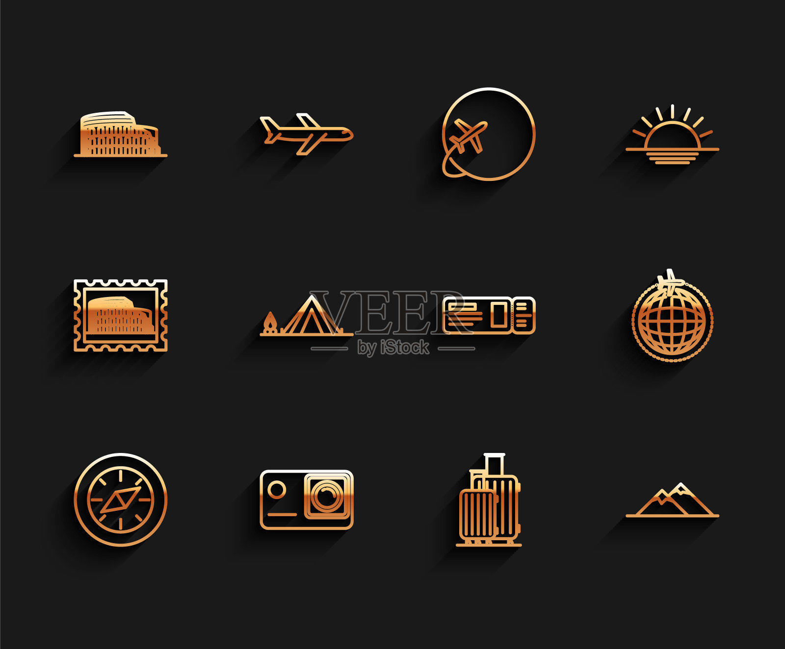 集线指南针，动作极限相机，罗马竞技场，意大利，旅行箱，山，旅游帐篷与木材火，全球飞行飞机和旅游门票图标。向量插画图片素材