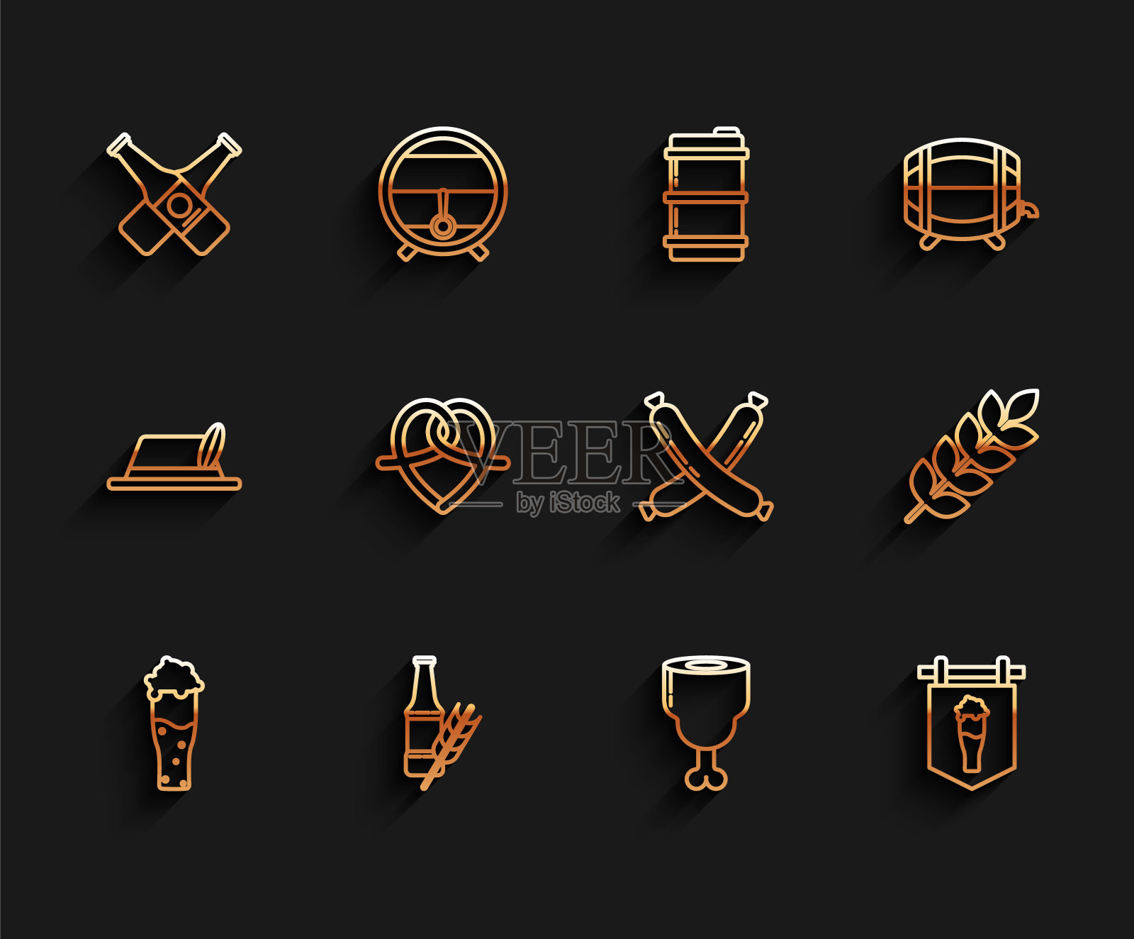 设置线啤酒，啤酒瓶，交叉，鸡腿，街道招牌与玻璃，椒盐脆饼，谷物集大米，小麦，玉米，燕麦，黑麦，大麦和香肠图标。向量插画图片素材