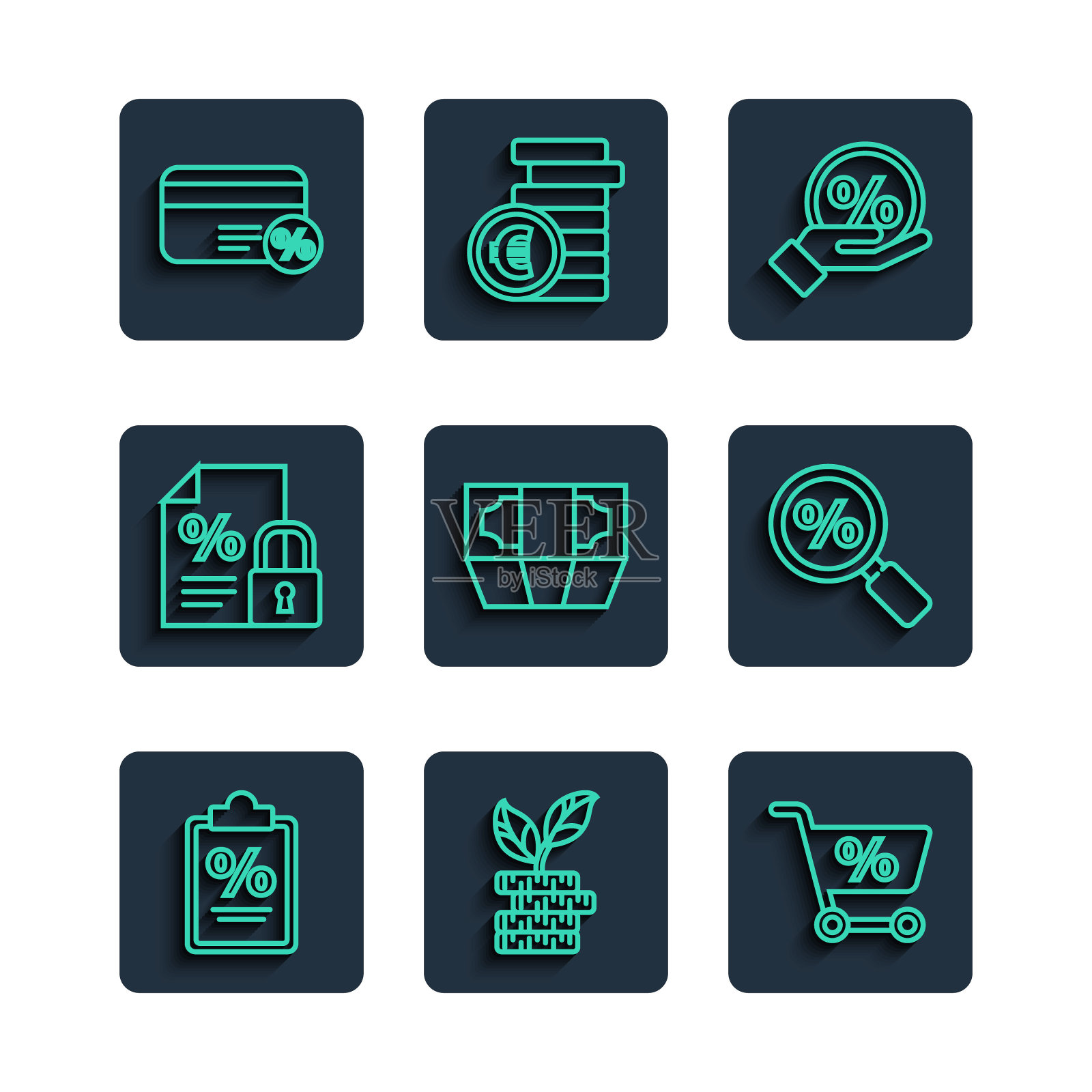 设置线财务文件，美元工厂，购物车，折扣百分比标签，堆栈纸币现金，锁，卡与放大镜图标。向量插画图片素材