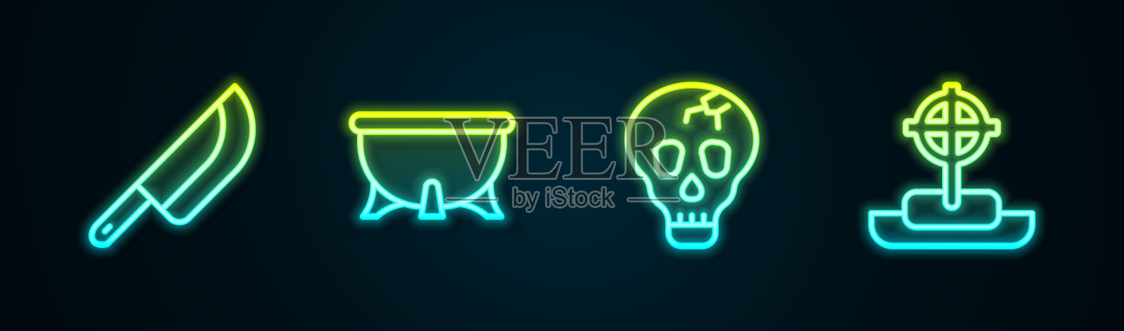 设定线刀，万圣节女巫坩埚，骷髅和墓碑与十字架。发光的霓虹灯图标。向量插画图片素材