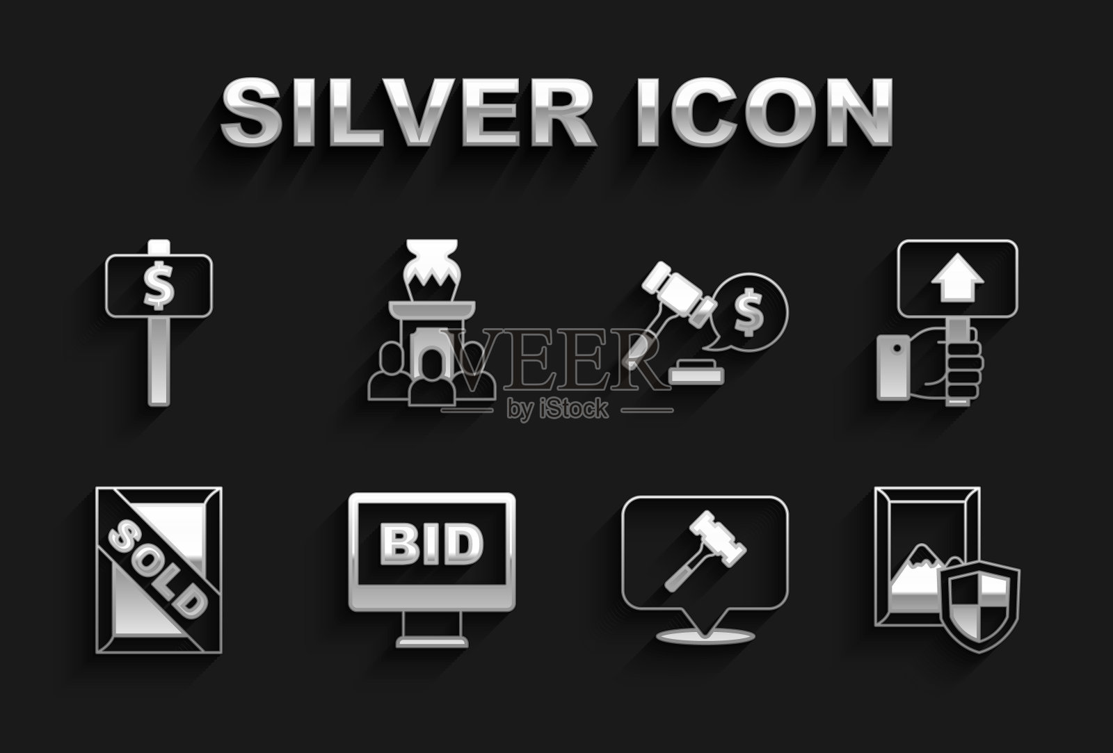 在线拍卖、手持木槌、拍卖画作和古代花瓶矢量素材插画图片素材