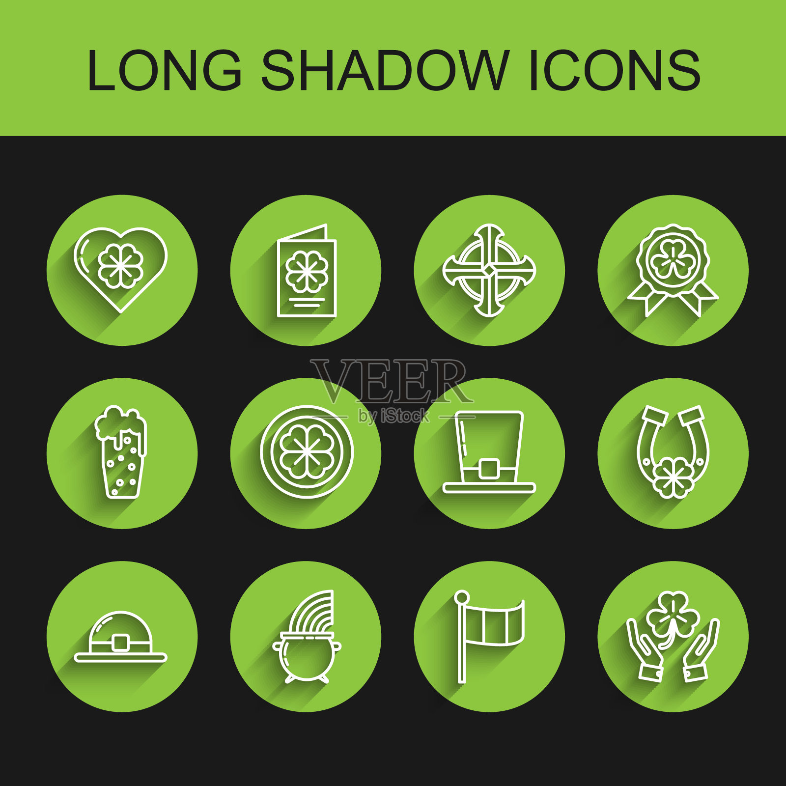 设定线妖精的帽子，女巫的坩埚和彩虹，心脏与四叶草，爱尔兰国旗，人类的手牵手，金币，马蹄铁和图标。向量插画图片素材