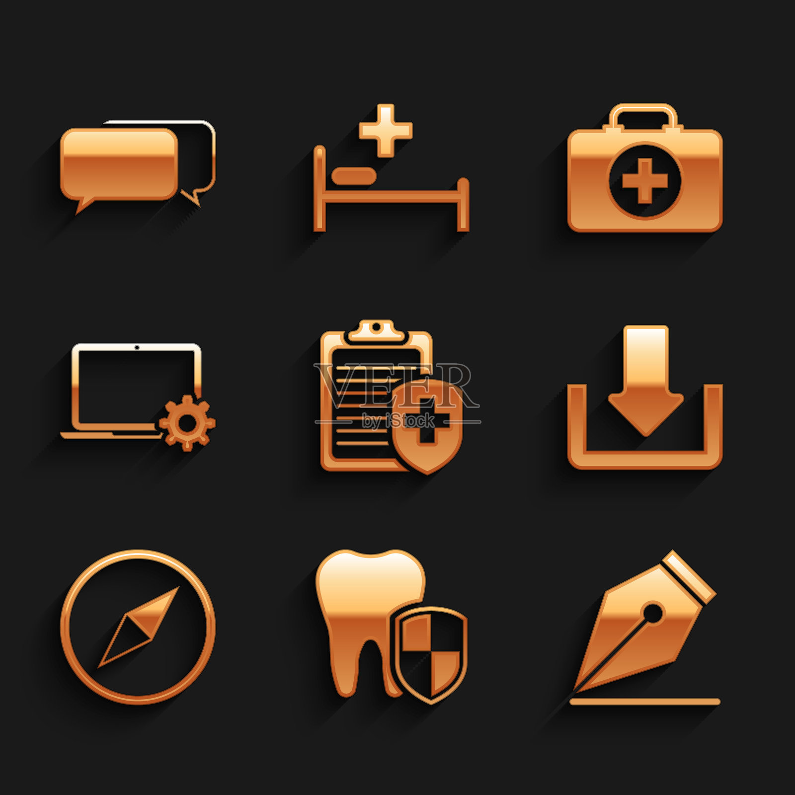 集剪贴板与医疗保险，牙科保护，钢笔笔尖，下载，风玫瑰和笔记本电脑和齿轮图标。向量插画图片素材