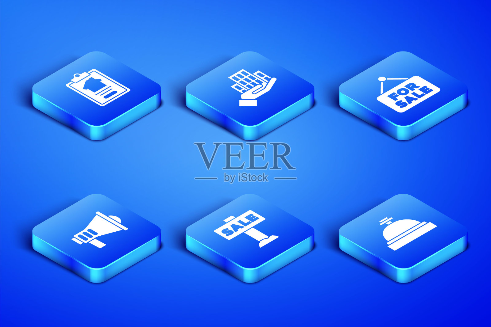 设置酒店服务铃，房屋合同，挂牌销售，扩音器，摩天大楼和For图标。向量插画图片素材