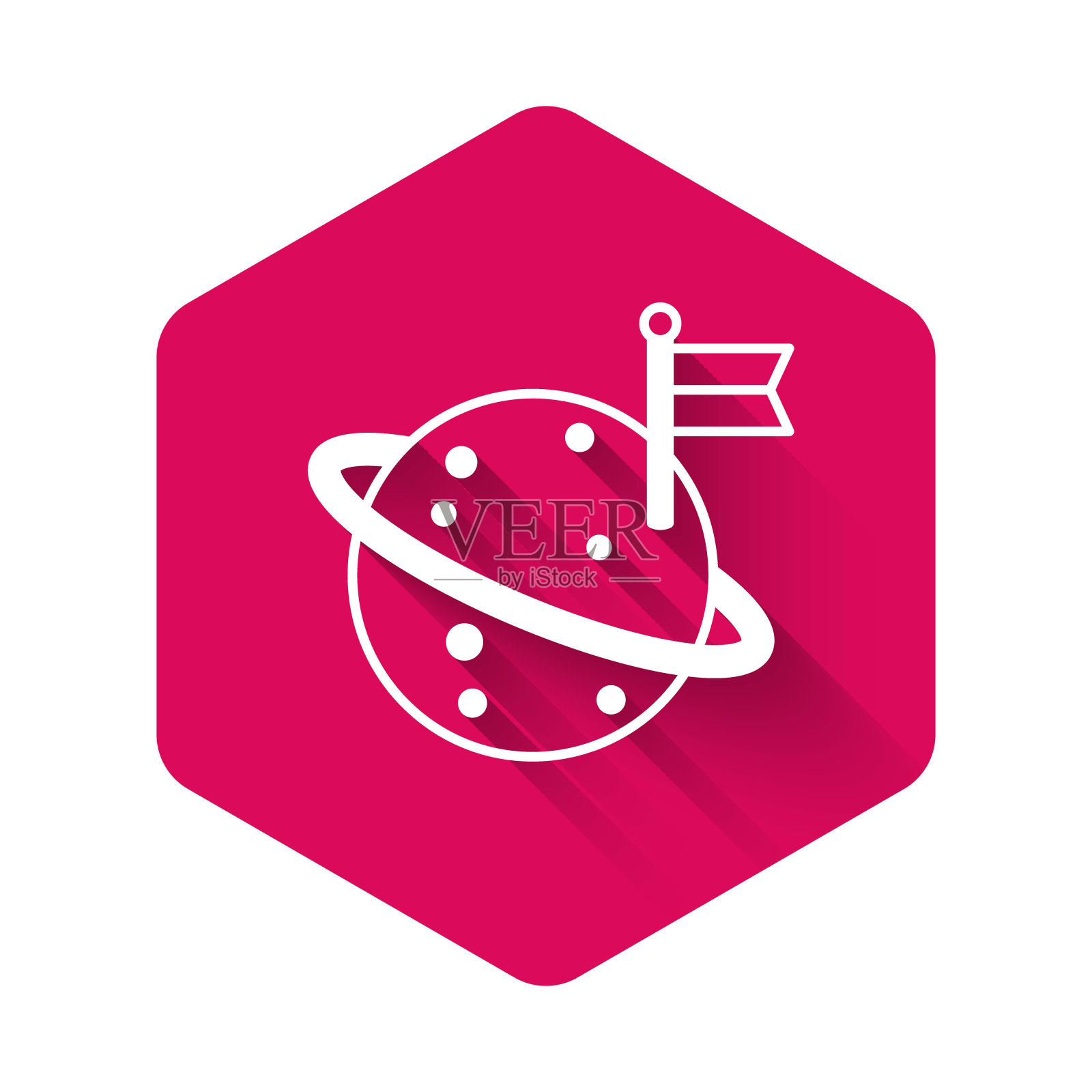 白色的月亮与旗帜图标隔离与长阴影背景。粉红色六边形按钮。向量插画图片素材