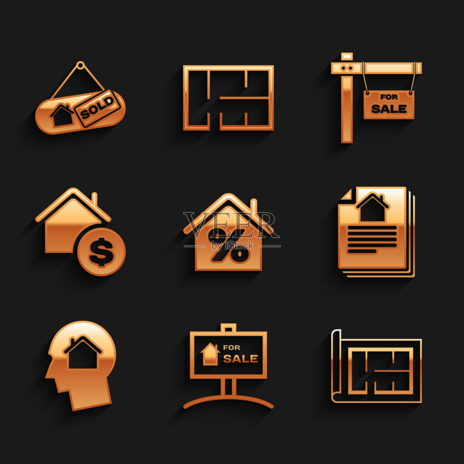 设置房子的百分比，挂牌出售，计划，合同，男人梦想买房子，美元，和出售图标。向量插画图片素材