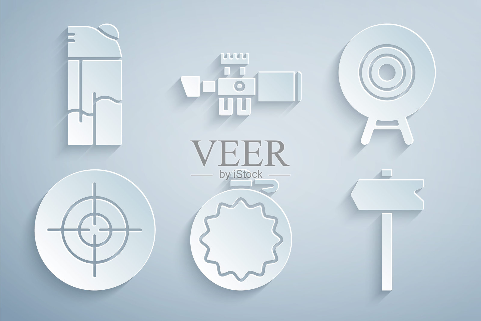 设置水壶，目标运动，道路交通标志，狙击手光学瞄准镜和打火机图标。向量插画图片素材