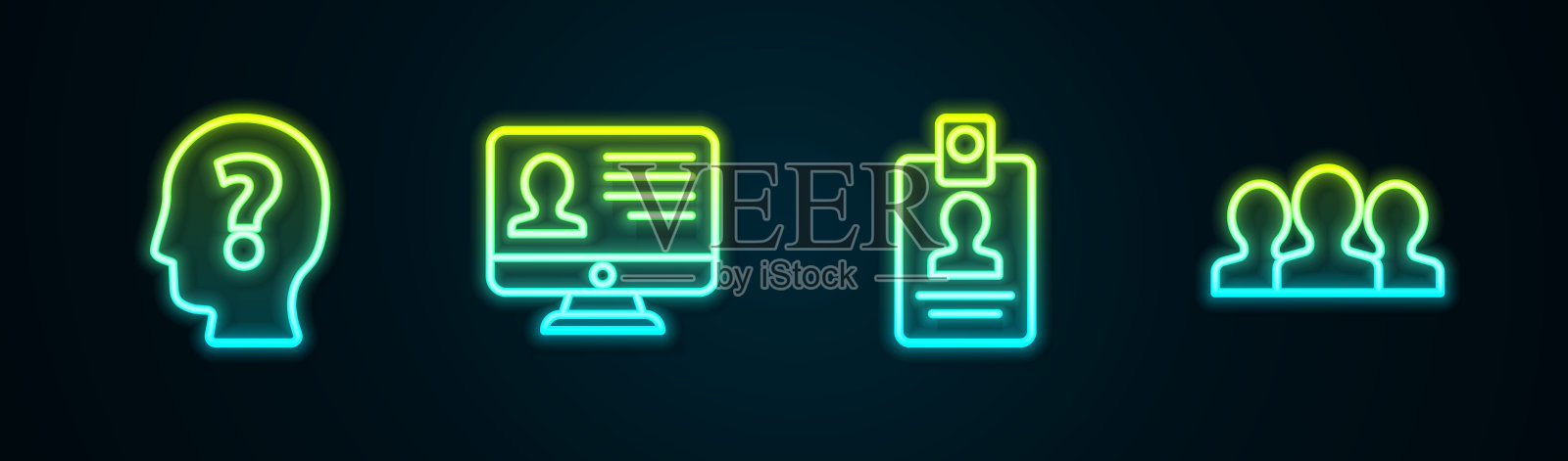 设置行头带问号，监控简历，识别徽章和用户组。发光的霓虹灯图标。向量插画图片素材